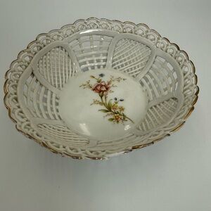 Vintage Floral Reticulated Basket Weave Trinket Dish/Bowl